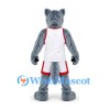 Wolf Mascot Costume in Gray with Open Mouth and White Sports Uniform