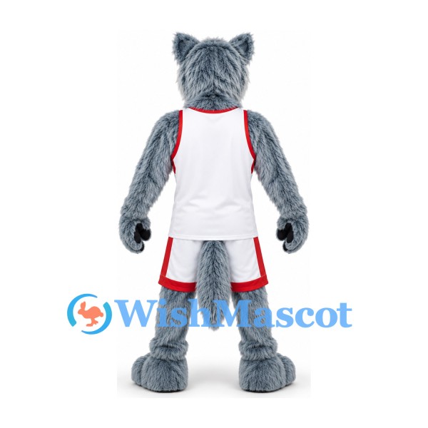 Wolf Mascot Costume in Gray with Open Mouth and White Sports Uniform