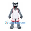 Wolf Mascot Costume in Gray with Open Mouth and White Sports Uniform