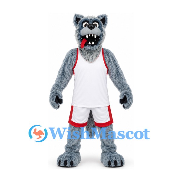 Wolf Mascot Costume in Gray with Open Mouth and White Sports Uniform