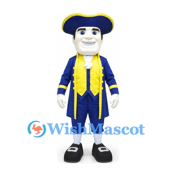 Patriot Mascot Costume in Navy and Yellow with Tricorn Hat