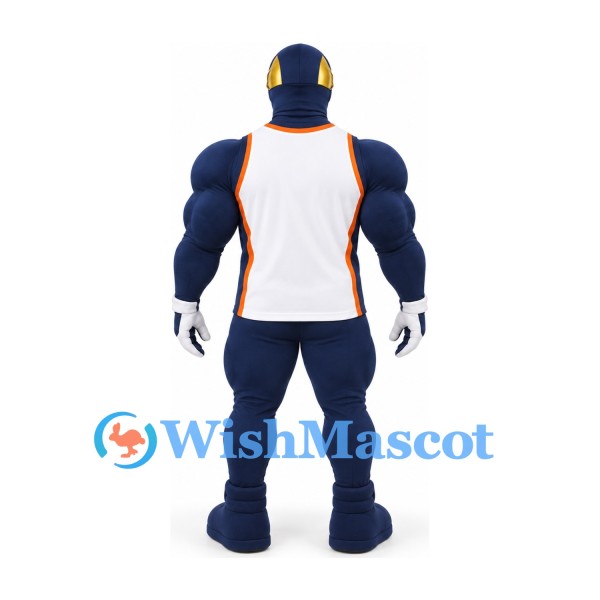 Knight Mascot Costume in Navy with Gold Helmet and White Basketball Jersey