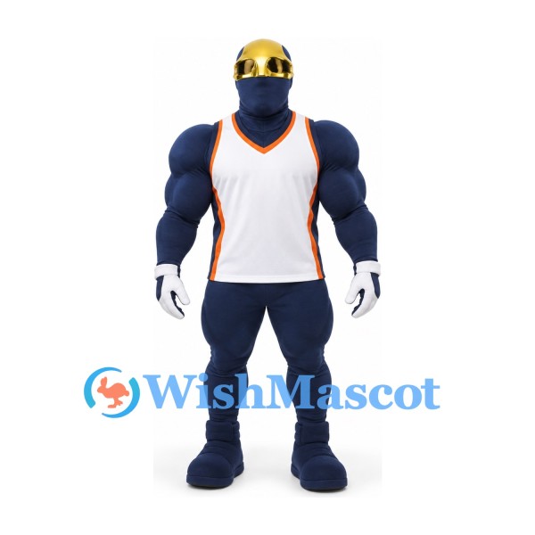 Knight Mascot Costume in Navy with Gold Helmet and White Basketball Jersey