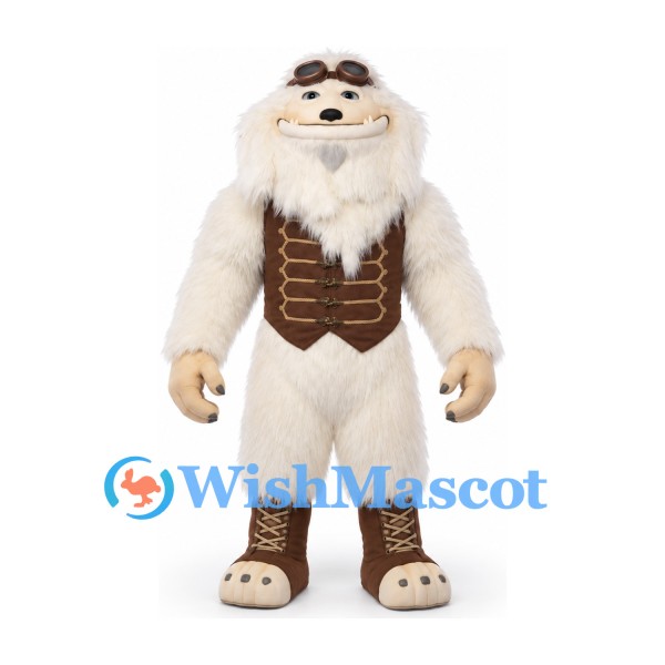 Yeti Mascot Costume in Cream with Goggles Brown Vest and Boots