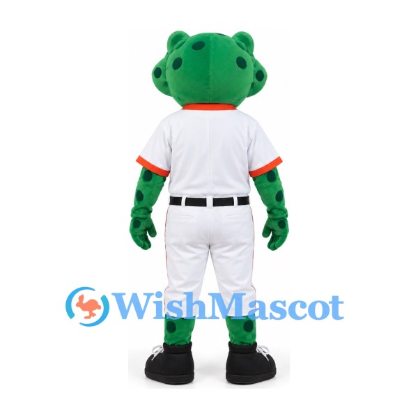 Frog Mascot Costume in Green with White Baseball Uniform and Orange Trim