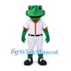 Frog Mascot Costume in Green with White Baseball Uniform and Orange Trim