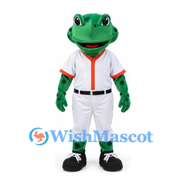 Frog Mascot Costume in Green with White Baseball Uniform and Orange Trim