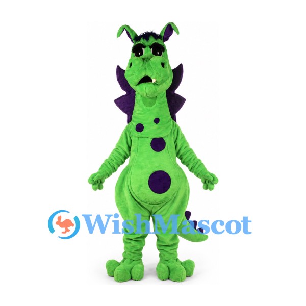 Dragon Mascot Costume in Lime Green with Purple Spines and Belly Spots