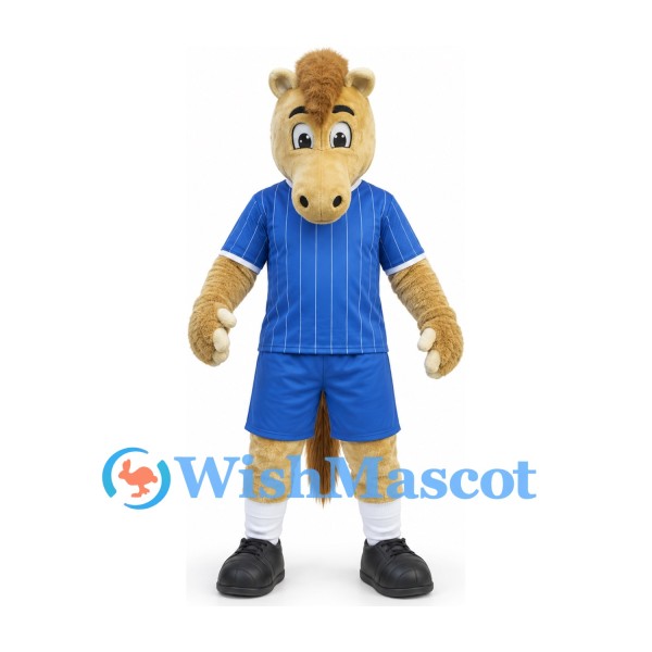 Horse Mascot Costume in Tan with Blue Pinstriped Sports Uniform