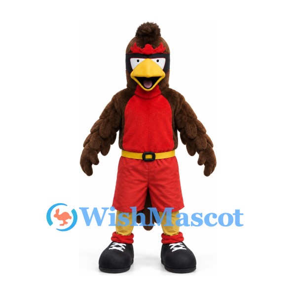 Eagle Mascot Costume in Brown with Red Sports Uniform and Headband