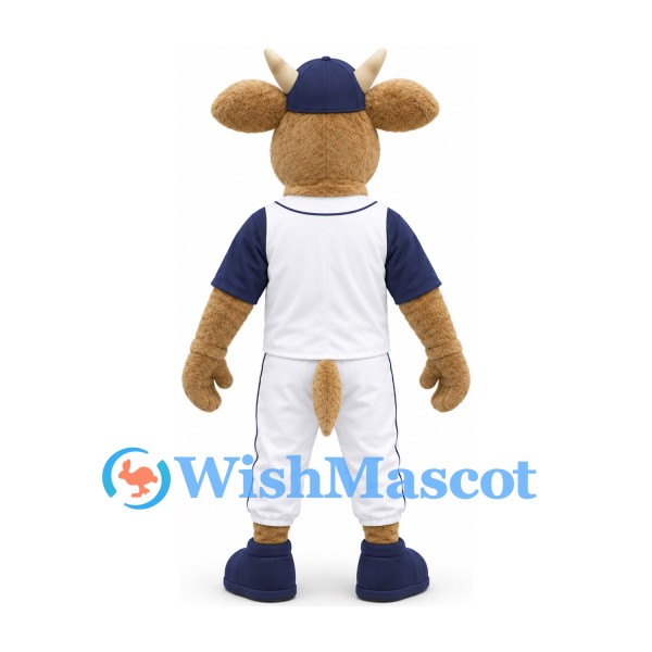 Deer Mascot Costume in Tan with White Baseball Uniform and Navy Cap