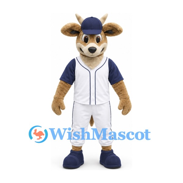 Deer Mascot Costume in Tan with White Baseball Uniform and Navy Cap