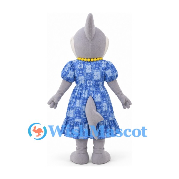 Shark Mascot Costume in Gray with Blue Floral Dress and Yellow Necklace