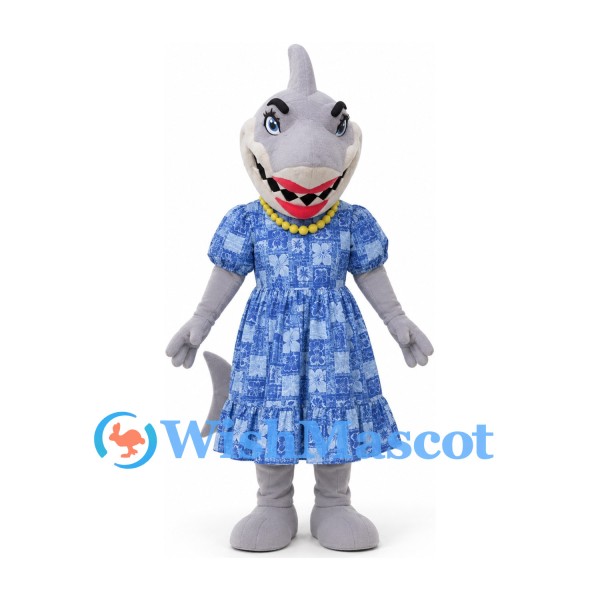 Shark Mascot Costume in Gray with Blue Floral Dress and Yellow Necklace