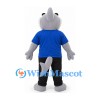 Shark Mascot Costume in Gray with Blue Shirt and Black Trousers