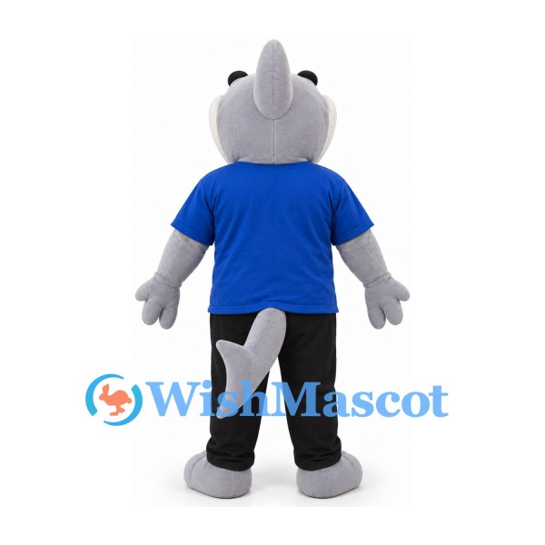 Shark Mascot Costume in Gray with Blue Shirt and Black Trousers