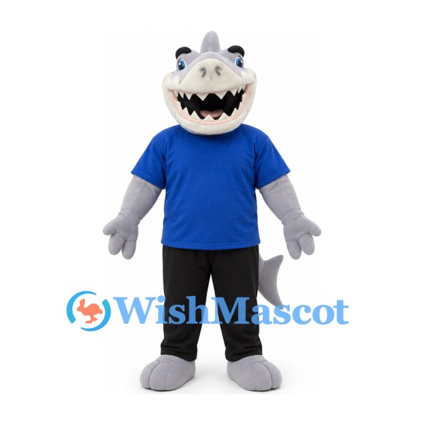 Shark Mascot Costume in Gray with Blue Shirt and Black Trousers