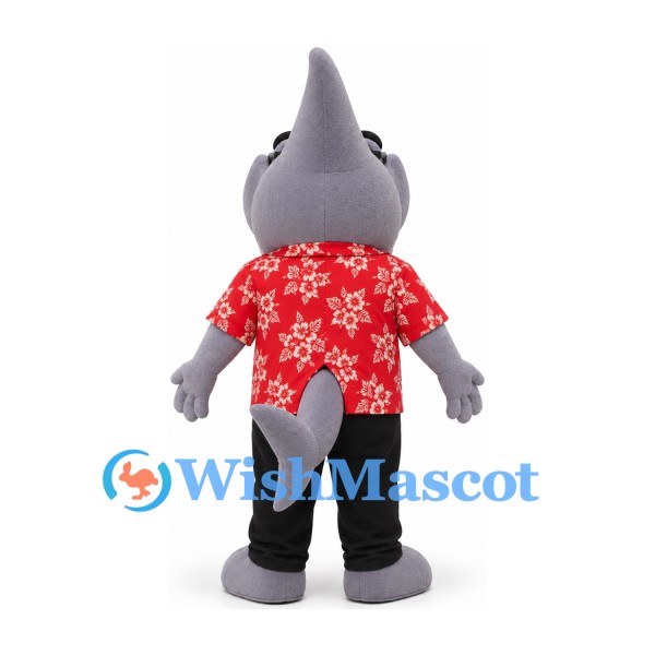 Shark Mascot Costume in Gray with Glasses and Red Tropical Shirt