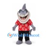 Shark Mascot Costume in Gray with Glasses and Red Tropical Shirt