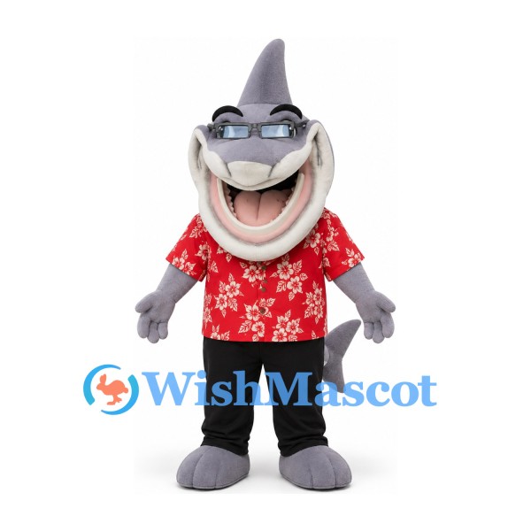 Shark Mascot Costume in Gray with Glasses and Red Tropical Shirt