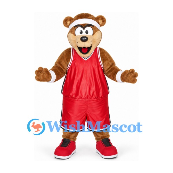 Chipmunk Mascot Costume in Brown with Red Basketball Uniform and White Headband