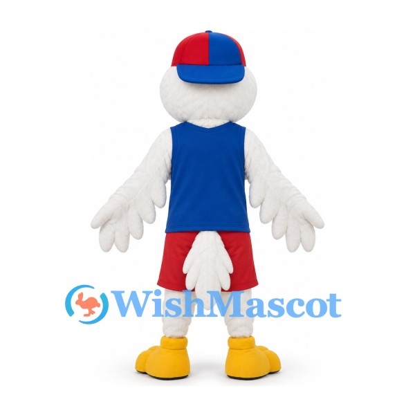 Duck Mascot Costume in White with Blue Shirt Red Shorts and Baseball Cap