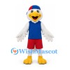 Duck Mascot Costume in White with Blue Shirt Red Shorts and Baseball Cap