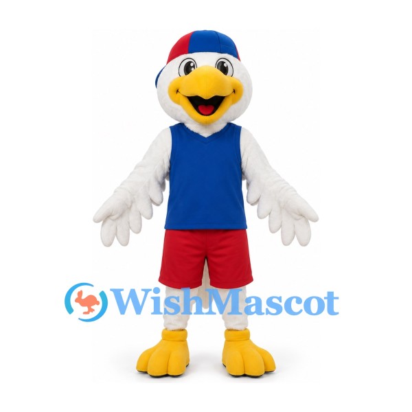 Duck Mascot Costume in White with Blue Shirt Red Shorts and Baseball Cap
