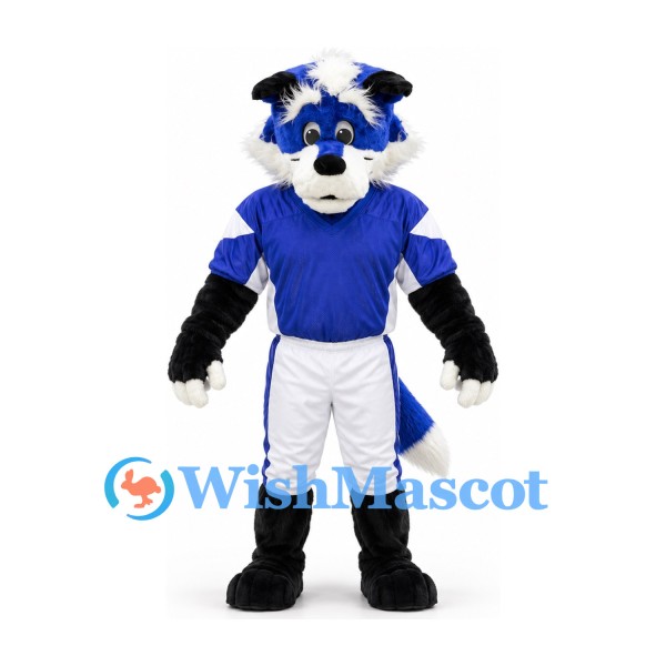 Wolf Mascot Costume in Blue Black and White with Blue Football Jersey