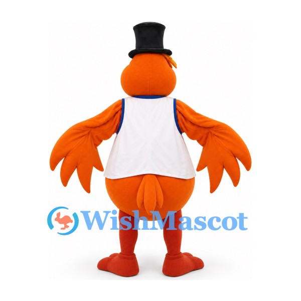 Bird Mascot Costume in Orange with Black Top Hat and White Shirt