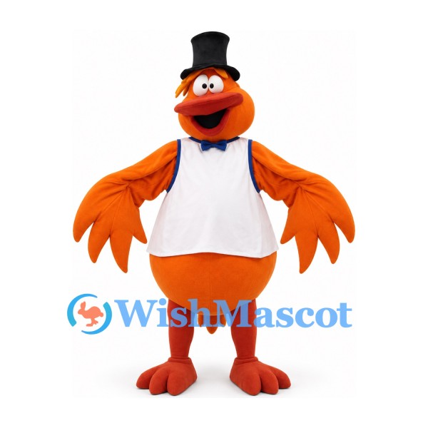 Bird Mascot Costume in Orange with Black Top Hat and White Shirt