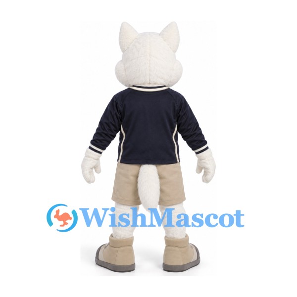 Wolf Mascot Costume in White with Navy Sweater and Beige Shorts