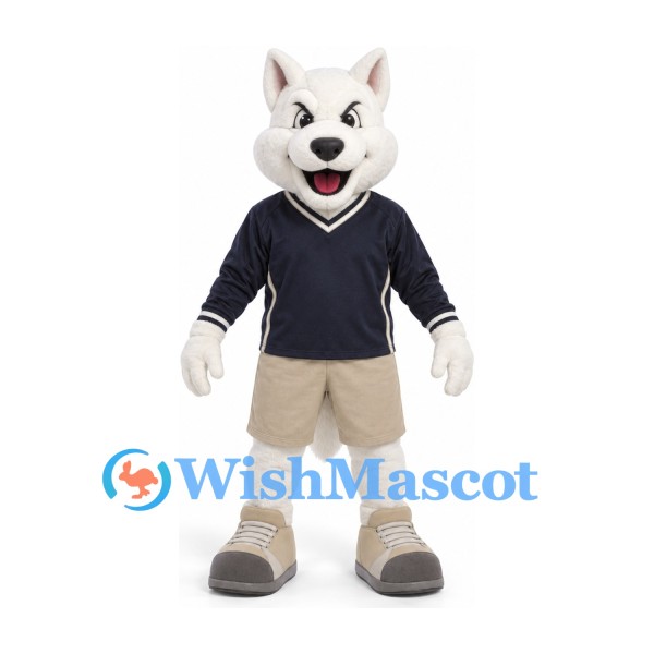 Wolf Mascot Costume in White with Navy Sweater and Beige Shorts