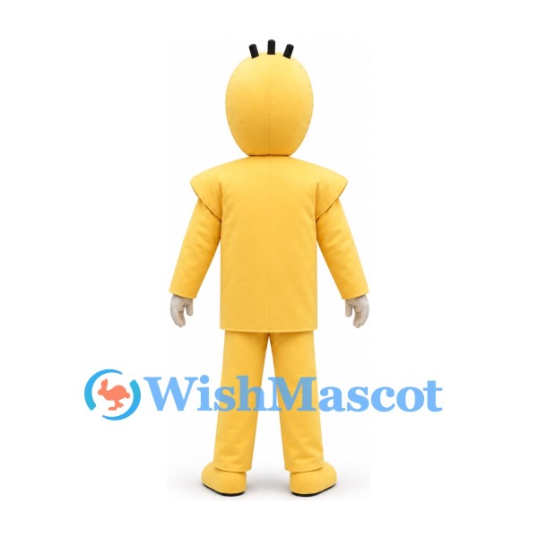 Smiley Character Mascot Costume in Yellow with Square Shoulders and Short Black Hair