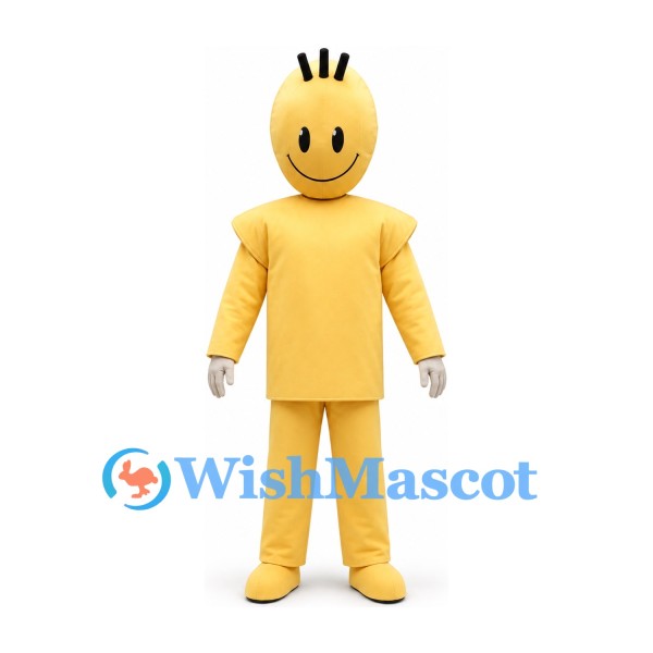 Smiley Character Mascot Costume in Yellow with Square Shoulders and Short Black Hair