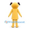 Smiley Girl Mascot Costume in Yellow with Black Pigtails and Matching Dress