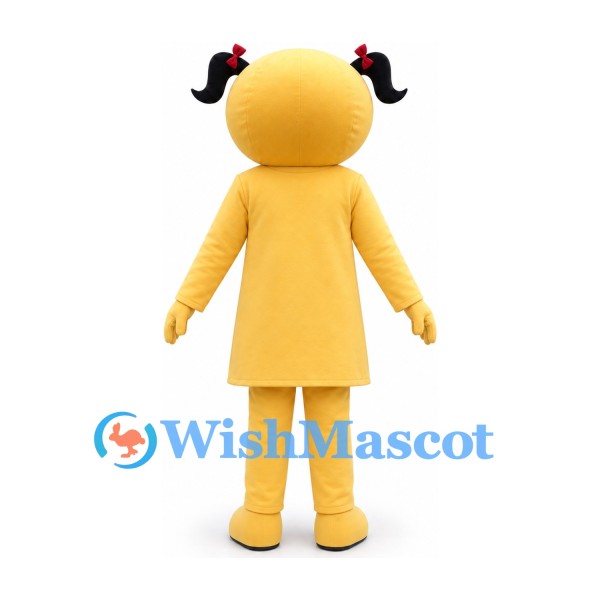 Smiley Girl Mascot Costume in Yellow with Black Pigtails and Matching Dress