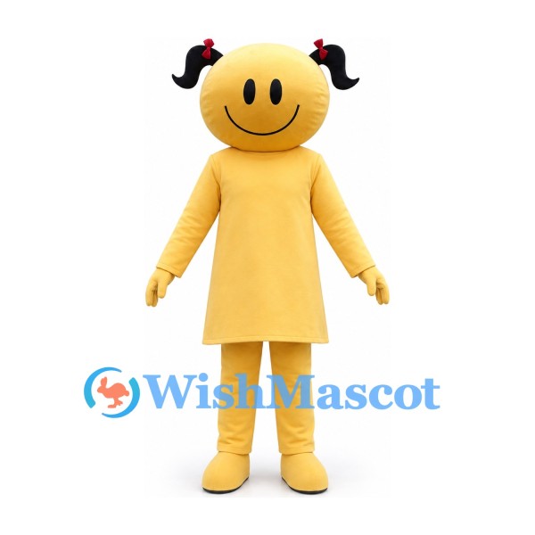 Smiley Girl Mascot Costume in Yellow with Black Pigtails and Matching Dress