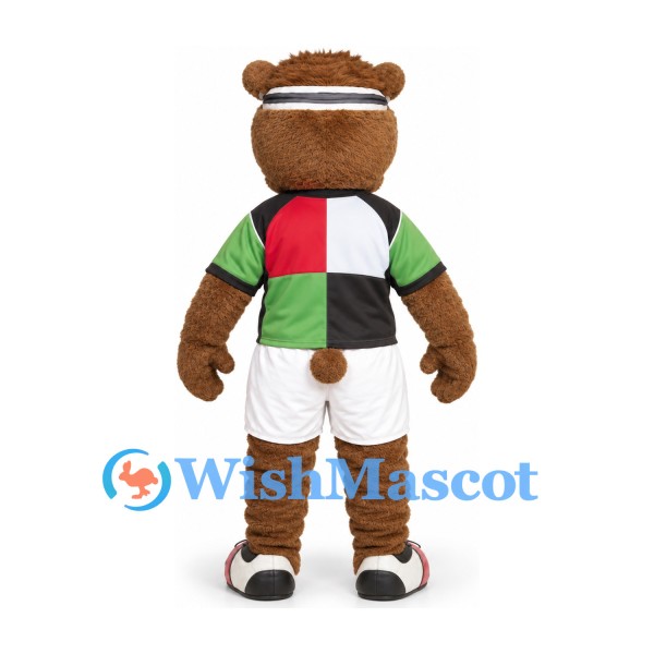 Bear Mascot Costume in Brown with Red Green and Black Sports Shirt