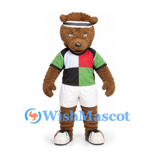 Bear Mascot Costume in Brown with Red Green and Black Sports Shirt