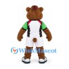 Bear Mascot Costume in Brown with White Sports Shirt and Green Sleeves