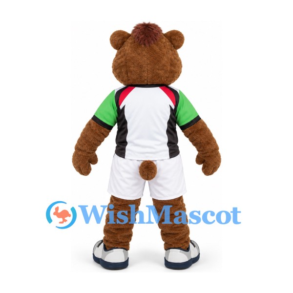 Bear Mascot Costume in Brown with White Sports Shirt and Green Sleeves