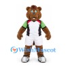 Bear Mascot Costume in Brown with White Sports Shirt and Green Sleeves