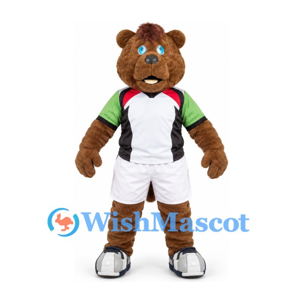 Bear Mascot Costume in Brown with White Sports Shirt and Green Sleeves