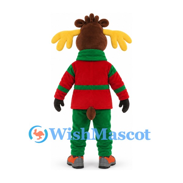 Moose Mascot Costume in Red and Green Winter Jacket with Green Trousers