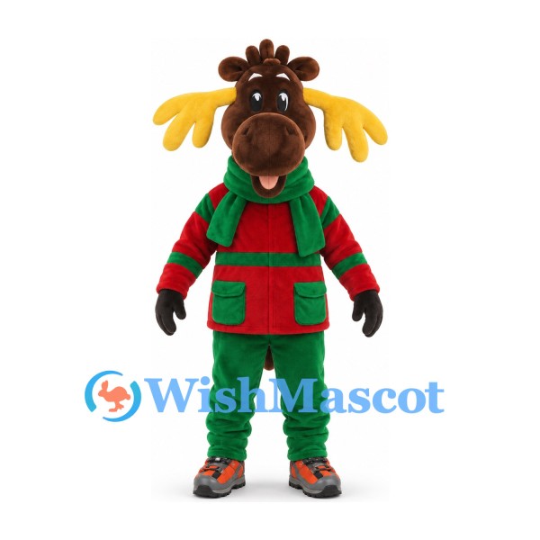Moose Mascot Costume in Red and Green Winter Jacket with Green Trousers