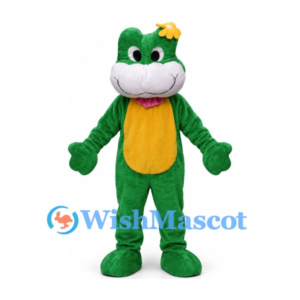Frog Mascot Costume in Green with Gold Crown and Yellow Belly