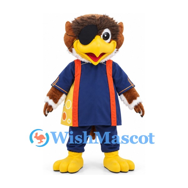 Eagle Mascot Costume in Brown with Navy Jersey and Orange Side Stripes