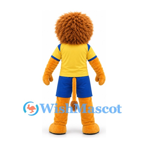 Lion Mascot Costume in Gold with Yellow Shirt and Blue Sports Shorts