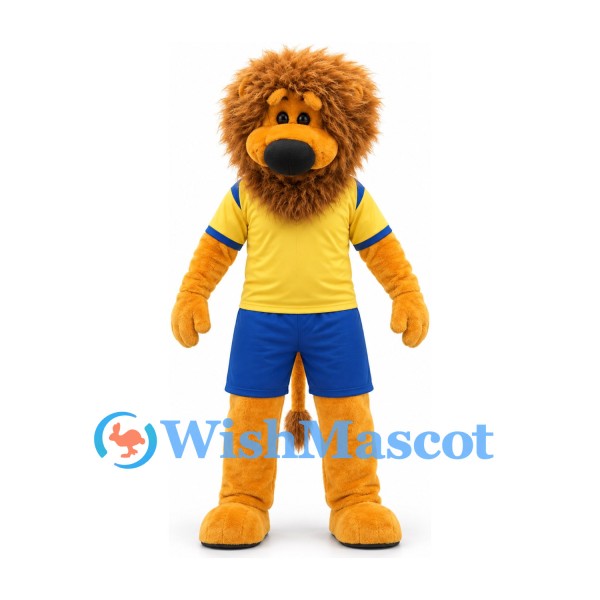 Lion Mascot Costume in Gold with Yellow Shirt and Blue Sports Shorts